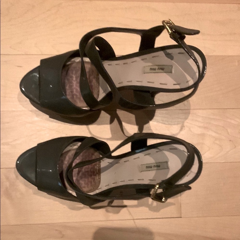 Miu Miu Grey Patent Leather Strappy Sandals in box